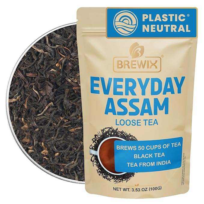 BREWIX, Assam Black Tea Leaves (50+ Cups, 3.53oz/100g) High Caffeine Gluten Free | Strong and Malty | Loose Leaf | Resealable Bag | Perfect for Strong Morning Tea