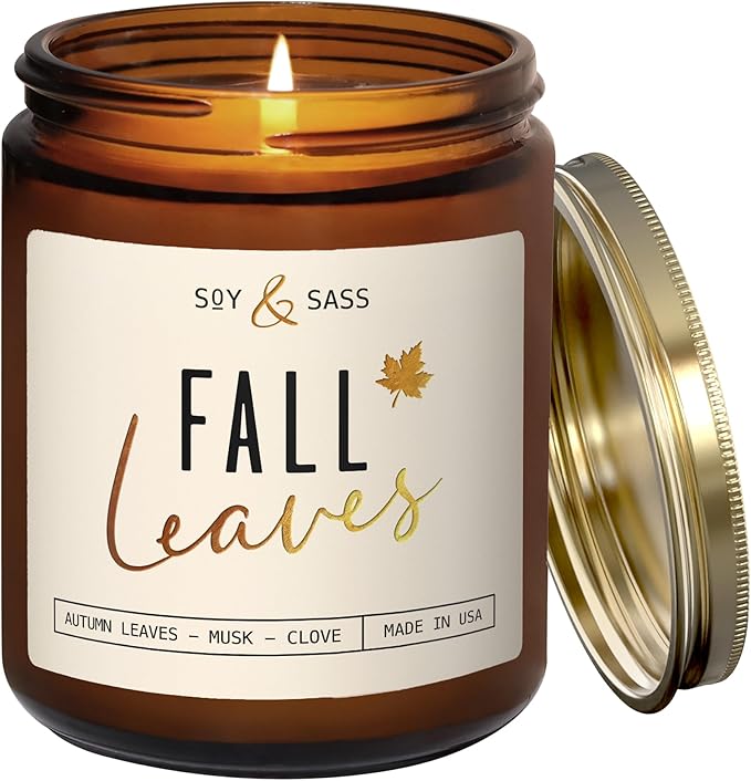 Fall Candles - 'Fall Leaves' Fall Candle w/Autumn Leaves, Clove & Musk I Infused with Essential Oils I Autumn Scented Candles I Cozy Cute Autmn Décor Gifts I 9oz Jar I 50Hr Burn I Made in USA
