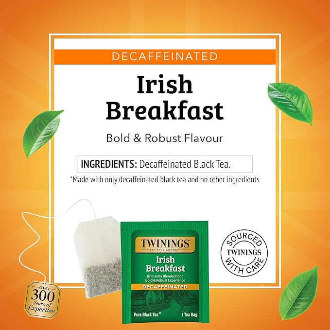 Twinings Decaffeinated Irish Breakfast Black Tea Individually Wrapped Bags, 20 Count (Pack of 1), Flavourful, Robust, Enjoy Hot or Iced, 20 Teabags