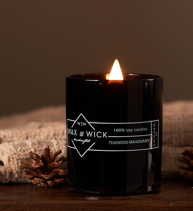 Wax & Wick 12oz Scented Candle for Men, 100% Soy Wax, Double Wood Wick, Black Jar, Teakwood Mahogany Scent, Long Lasting, Masculine Scents, Perfect for Home, Mancave, Bachelor Pad, Men's Gift - USA