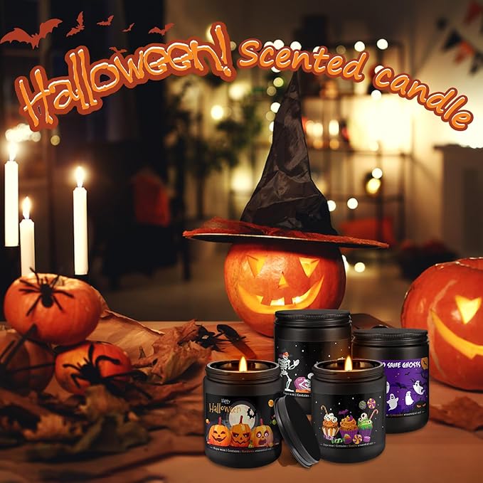 Halloween Scented Candles Set, 4 Pack (7oz Each) Soy Wax Candles with Pumpkin, Ghost, Skeleton Designs, Perfect for Halloween Decor, Gifts and Aromatherapy.
