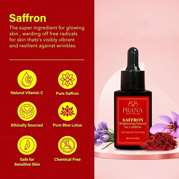 PRANA Saffron Brightening Vitamin C Face Serum – Ayurvedic Skincare with Pure Blue Lotus, Vetiver & Sandalwood – Hydrating Anti-Aging Serum for Even Skin Tone, Dark Spots & Radiant Glow (30ml)