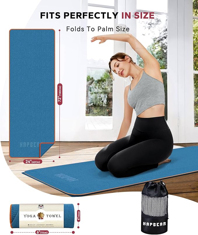 HAPBEAR Hot Yoga Towel - Non Slip Yoga Mat Towel with Grip Dot, Super-Absorbent, Soft Microfiber Towel for Hot Yoga, Pilates and Fitness
