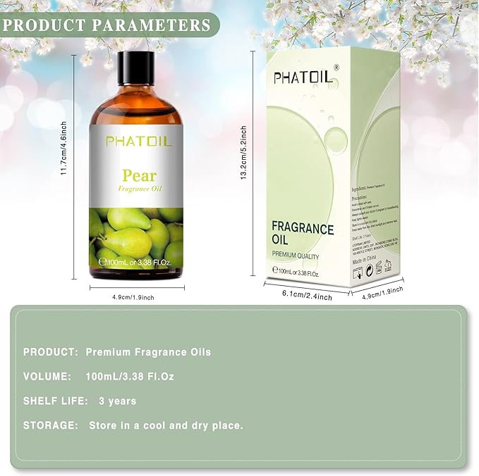 PHATOIL 3.38FL.OZ Pear Fragrance Oils for Aromatherapy, Essential Oils for Diffusers for Home, Perfect for Diffuser, Yoga, Skin Care, DIY Candle and Soap Making - 100ml