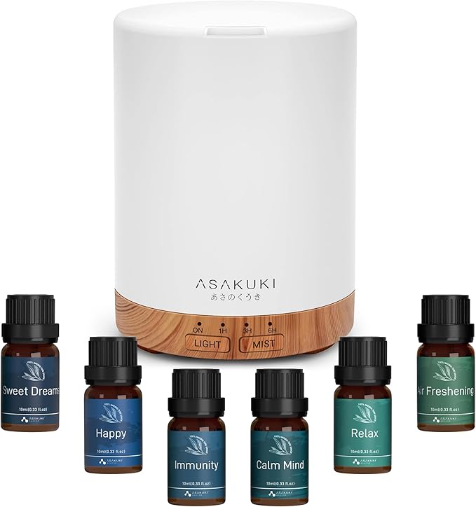 ASAKUKI Essential Oil Diffuser, Aromatherapy Cool Mist Home Humidifier with 7 LED Color Changing Light and Auto-Off Safety Switch, 6 Essential Oils Set, 300ml (Brown with Oils)