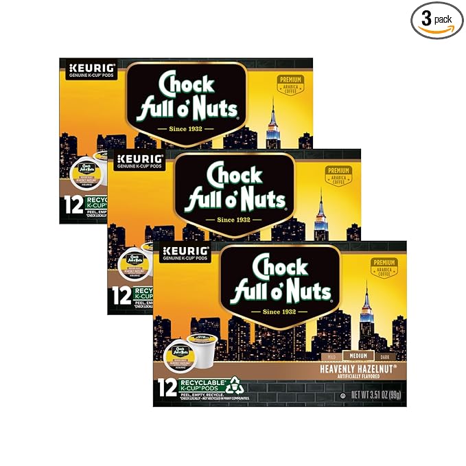 Chock Full o'Nuts Heavenly Hazelnut Coffee, Compatible with K-Cup Pods, 12 CT (Pack of 3)