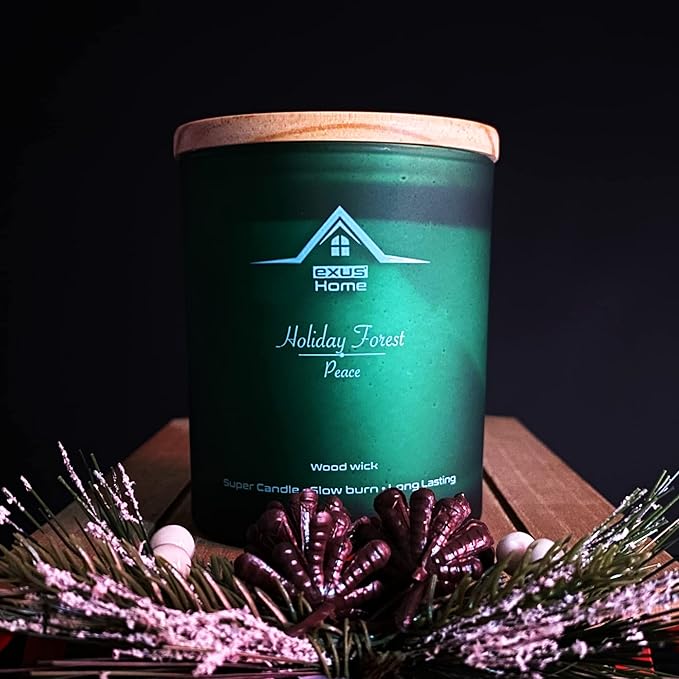Exus Hand Crafted, Soy Wax, Wood Wick, Aromatic Candle. Non-Toxic (Holiday Forest/Peace)