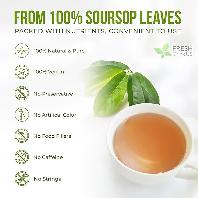 FreshDrinkUS, Premium Soursop Graviola Leaf Tea | 45 Tea Bags form Powder, 100% Natural and Pure, Handmade, Made With Natural Materials-Corn Fiber Tea Bag, Sugar/Caffeine Free, Hoja Guanabana Tea