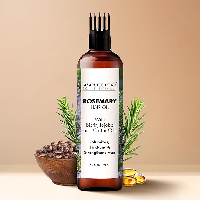 Majestic Pure 100% Pure Rosemary Oil For Hair Growth - Strengthening, Nourishing, Volumizing - Infused with Biotin Oil, Jojoba Oil & Castor Oil - Non GMO Verified - 6.7 Fl Oz