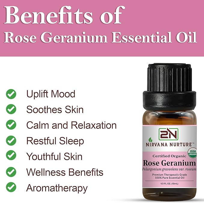 Rose Geranium Essential Oil USDA Certified Organic, 100% Pure Natural Premium Grade, Undiluted