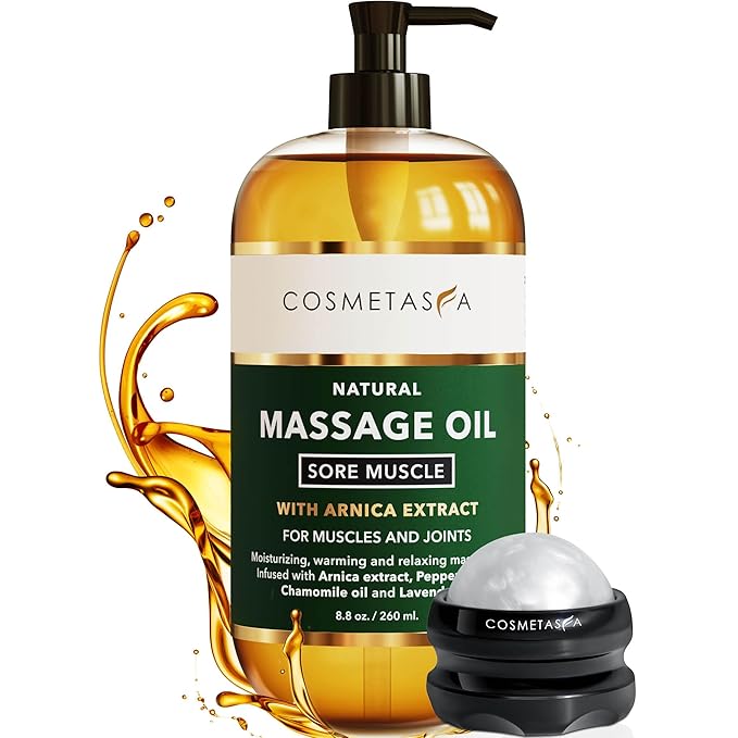 Cosmetasa Sore Muscle Massage Oil for Massage Therapy with Roller - All Natural, Cruelty-Free Massage Oils for Muscle Relaxing & Joint Comfort - Arnica Extract with Lavender & Chamomile Oil (8.8 oz)
