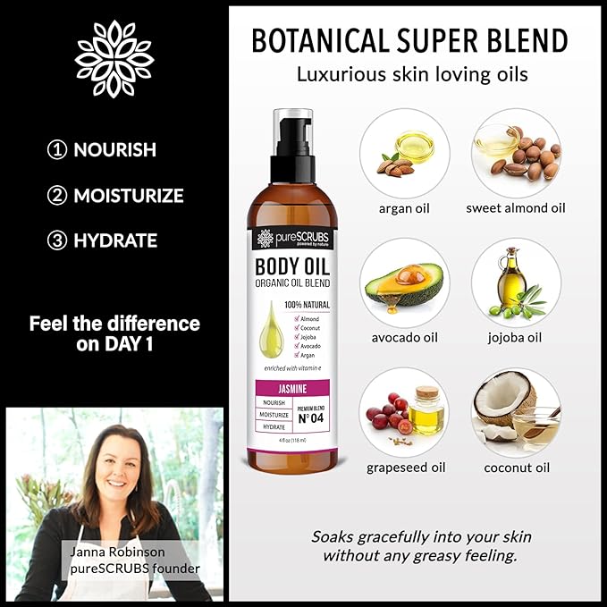 pureSCRUBS Ultra Moisturizing Jasmine Body Oil Spray for Dry Skin, Massage, Cuticles & More - Organic Super Blend of Jojoba, Argan, Coconut, Sweet Almond & Avocado Enriched with Vitamin E, Lg 4oz