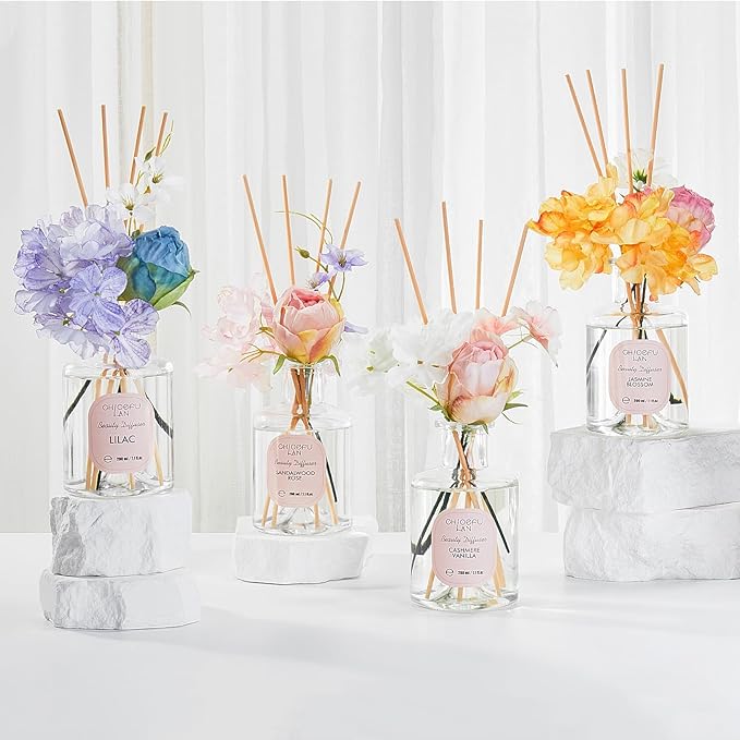 Chloefu Lan Cashmere Vanilla Reéd Diffuser Set with Flowers Reéd Diffuser Sticks, 6.7oz Scent Fragrance Essential Oil Diffuser for Bedroom Bathroom Home Décor Shelf Decor