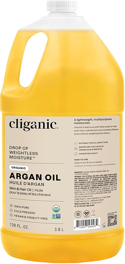 Cliganic Organic Argan Oil Bulk, Gallon Size 128oz, 100% Pure, Non-GMO