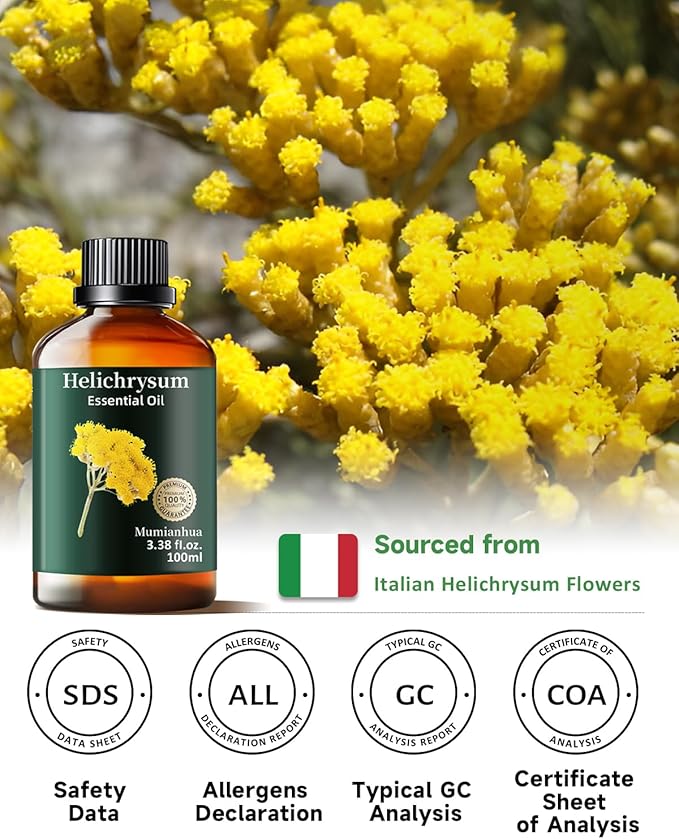 Helichrysum Essential Oil Pure, Mumianhua Natural Helichrysum Oil for Reed Diffusers, Home Humidifiers, Skin, Hair, Massage, DIY, Self-Care, Aromatherapy, Soap, Candle Making 3.38 Fl oz