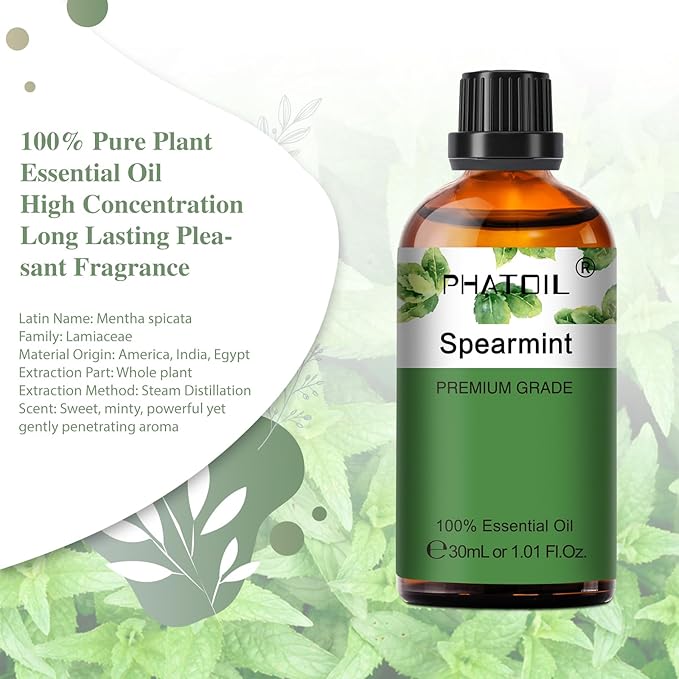 Spearmint 1.01fl.oz Essential Oil, PHATOIL Pure Aromatherapy Oils for Diffuser, Humidifier, Perfect for DIY Soap, Candle, Bath Bombs Making(30ml)