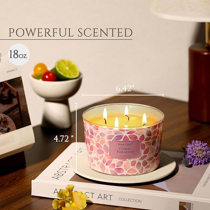 HomeLights Coral Paradise Scented Candles | 18oz Soy Candles Bohemian Natural Textures 4-Wick Large Candle Jars | Ideal Candle Gifts for Events, Home Decor Stress, Relief & Relaxation