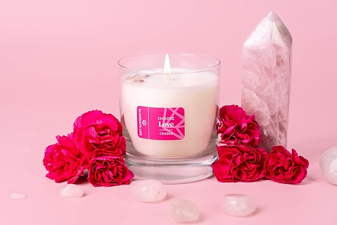 Luxury Glass Jar Candle, 8 OZ, Choose Love - Valentine's Day Gift Rose Quartz Crystal Infused - Scents of Jasmine, Magnolia, Oakmoss & Cedarwood - Intense & Deep Affection