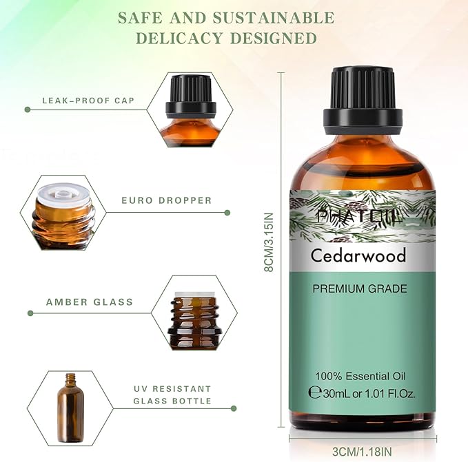 Cedarwood Essential Oil, 1.01Fl.Oz (30ML) PHATOIL Pure Essential Oil Singles for Aromatherapy Diffusers, Humidifiers, Great for DIY Candle and Soap Making, Gift for Friend