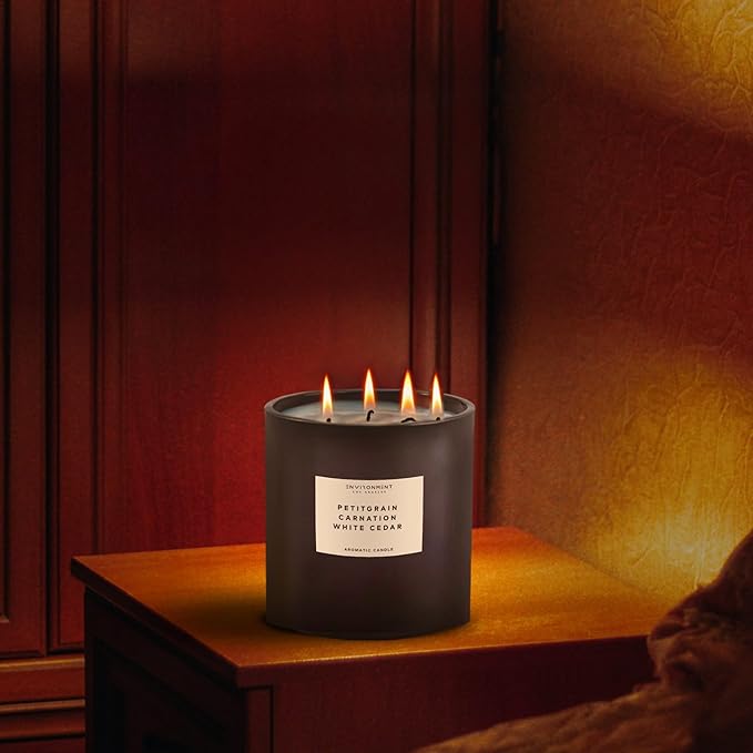 Environment Inspired by Designer Perfume LHomme Candle, 55oz Luxury Coconut Apricot Wax Candles for (Petitgrain | Carnation | White Cedar) Home Fragrance Products, 4 Wick Candle, Vegan & Cruelty-Free