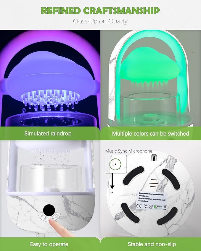Weljoy Aromatherapy Essential Oil Diffuser Rainbow Rain Cloud Micro Humidifier Water Drip Mushroom Diffuser with Running Lights Rain Sounds for Sleeping-Tabletop Water Fountain&Night Light