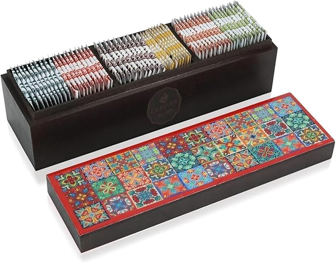 Octavius - Assorted Tea Variety Pack in Tile Motif Design Wooden Box | 6 Flavors, 60 Tea Bags | Black & Green Tea | Tea Gifts for Women & Men