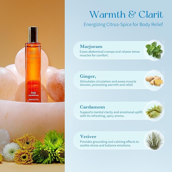 MATRUM Relieve Period Cramps Blend Essential Oil Roll On, 100% Pure Arometherapy Roller for Soothe Pain and Restore Strength, Warm Calming & Relaxation, Fire and Water Duo, 1 Fl Oz