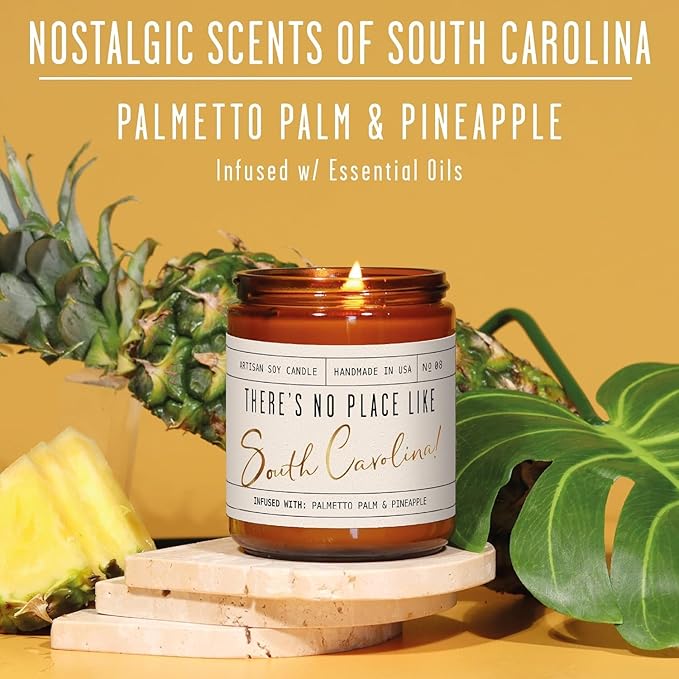 South Carolina Gifts, South Carolina Decor for Home - 'There's No Place Like South Carolina Candle, w/Palmetto Palm & Pineapple I South Carolina Souvenirs State Gifts I 9oz Jar, 50Hr Burn, USA Made