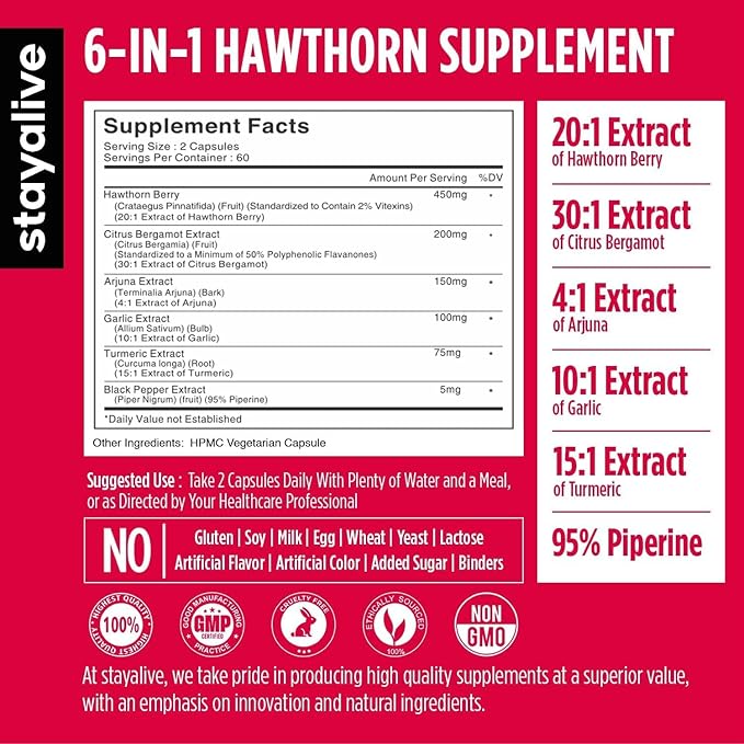 STAY ALIVE Hawthorne Berry Supplement, 20:1 Extract, 6-in-1 Hawthorn w/Citrus Bergamot, Turmeric Root Powder, Garlic, Arjuna & Black Pepper, 120 Pills, Non-GMO & Gluten-Free Hawthorn Berry Capsules