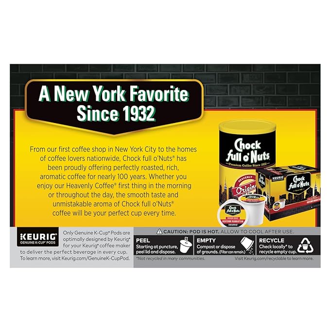 Chock Full o'Nuts Heavenly Hazelnut Coffee, Compatible with K-Cup Pods, 12 CT (Pack of 3)