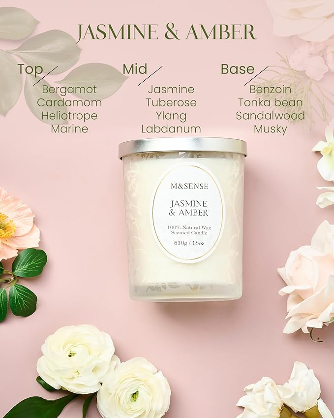 M&SENSE Jasmine Amber Candle, Cracking Wooden Wick Soy Wax, 18oz 100 Hours Long Lasting Clean Burn, Large Jar Candles for Home Scented, Non-Toxic Relaxing Aromatherapy Gifts for Women