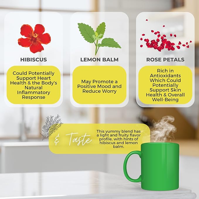 Summer Brew, Natural Energy Boost Loose Leaf Tea w/ Hibiscus, Lemon Balm, Rose Petals | Organic Herbal Tea | 2 oz (57 gram) | Decaf, Vegan, Healthy, ZERO Caffeine, Organic, Herbs, Resealable | Happy Sip by Get Green, Human