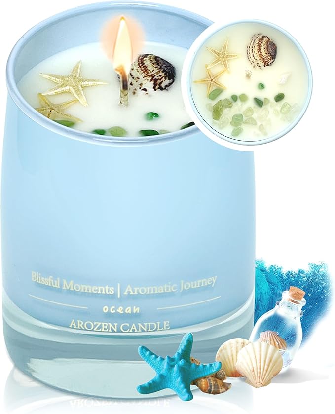 Ocean Scented Candles Gift for Women-10oz Aromatherapy Sea Beach Soy Candles for Home Scented with Healing Crystal inside-55H Burn Gifts for Christmas, Birthday, Women, Mother's Day