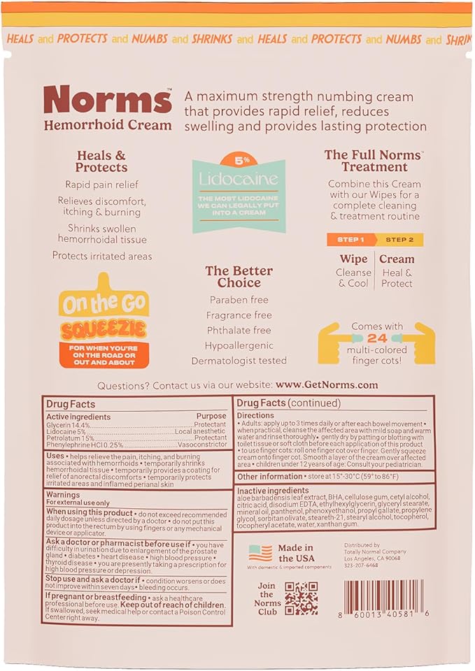 Norms Squeezies Lidocaine Hemorrhoid Cream, Discreet Single Use Travel Packets, 5% Lidocaine, Phenylephrine, Aloe and Glycerin – Numbing, Soothing & Swelling Relief On the Go, 12 Count