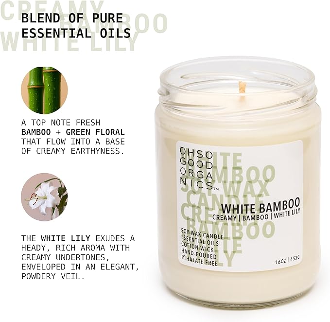 Scented Soy Wax Candle for Home, White Bamboo Candle and Lily, Essential Oils, Soy Candles Non Toxic, Aromatherapy Candles, 16oz, 60 Hours Burn Time, Fresh Bamboo and Green Floral Scent