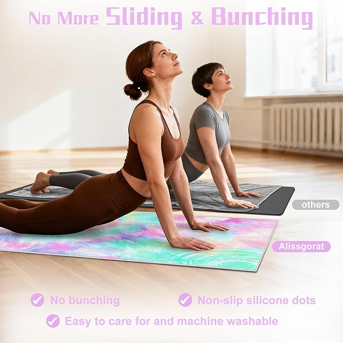 alissgorat Yoga Mat Towel,Hot Yoga Towel High-Definition Pattern,Machine Washable with Ultra-Absorbent Yoga Towels for Hot Yoga Non Slip for Fitness,Exercise,Pilates,72 x 27 in,Pink &Green