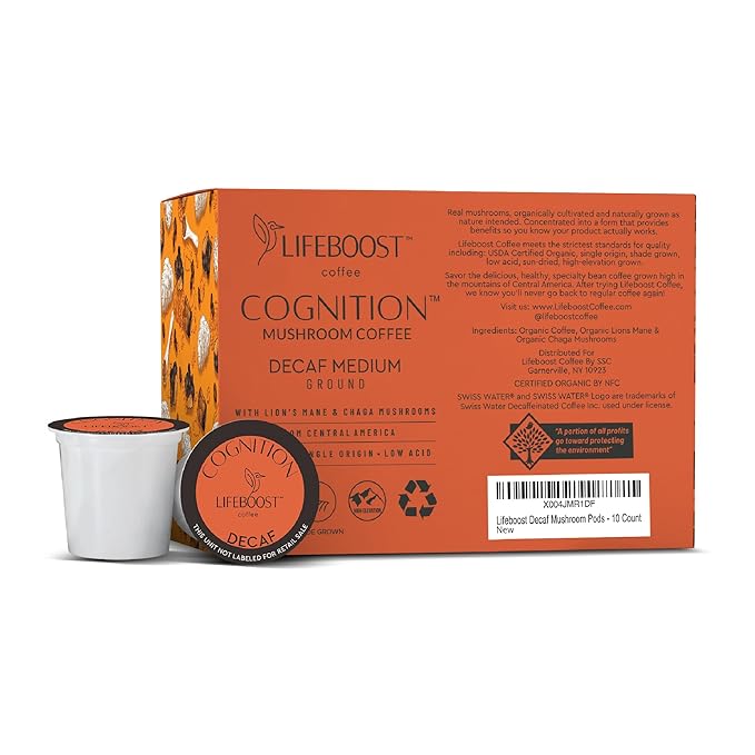 Lifeboost Cognition Decaf Mushroom Coffee Pods – Organic Low Acid Decaf K-Cups with Lion’s Mane & Chaga Adaptogens – Nootropic Coffee for Focus, Energy & Immune Support – 10 Count