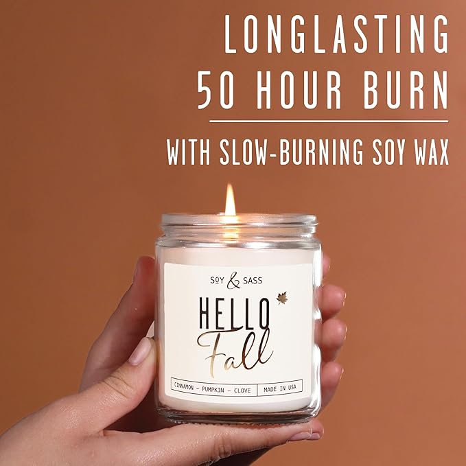 Fall Candles - 'Hello Fall Scented Candle' w/Cinnamon, Pumpkin & Fir I Infused with Essential Oils Autumn Scented Soy Candles for Home Décor, 9oz Reusable Jar, 50Hr Burn, Made in USA