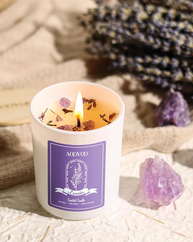 AOOVOO Lavender Candles Set for Women - 4 Pack Candles for Home Scented, 28 oz 200 Hour Long Lasting Aromatherapy Candle with Crystals Inside, Birthday Gifts Christmas Candle for Women Mom