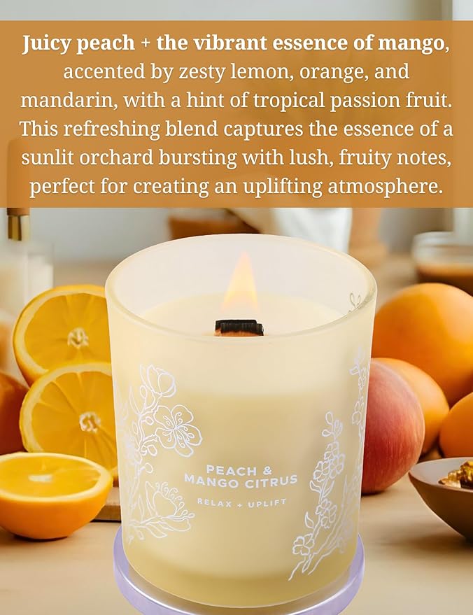 Peach Mango Citrus Scented Candle - Large Wood Wick Soy Candle 10.6 oz - Relaxing Aromatherapy Candle for Home - Highly Scented, Long-Lasting, Clean Burn, Strong Throw