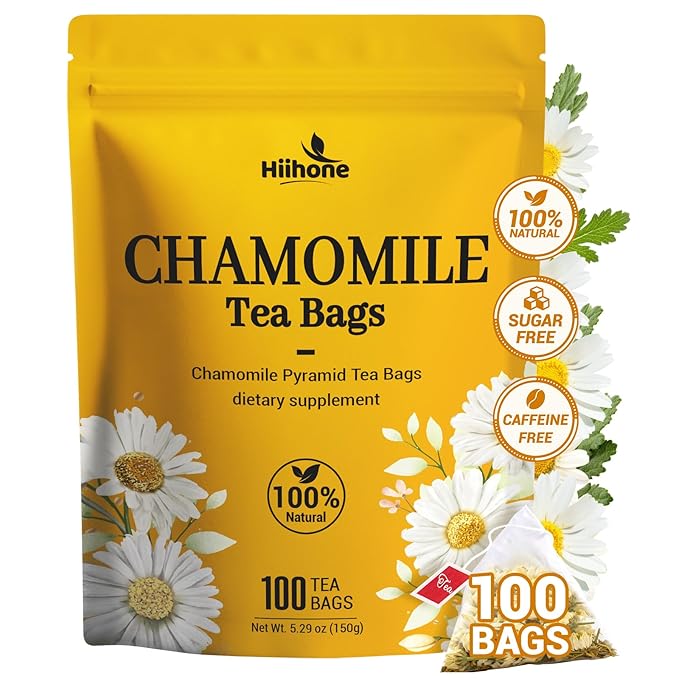 Chamomile Tea Bags 100 Count, Chamomile Flower Herbal Tea with Sugar-Free, Caffeine-Free