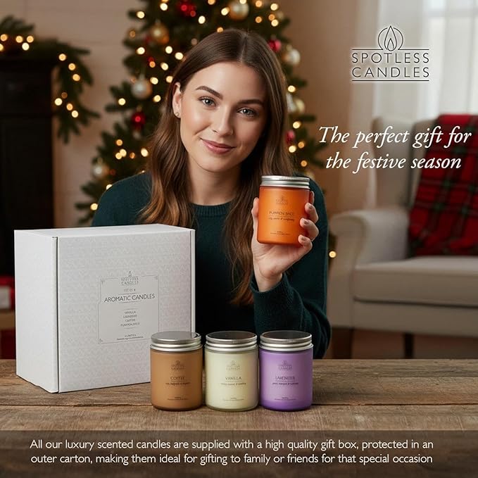 Candles for Women - 4 x 8oz Coloured Glass Jars 3" x4 Mixed Set of Classic Scents Pumpkin Spice, Coffee, Vanilla, Lavender 200 Hours Long Burn Time