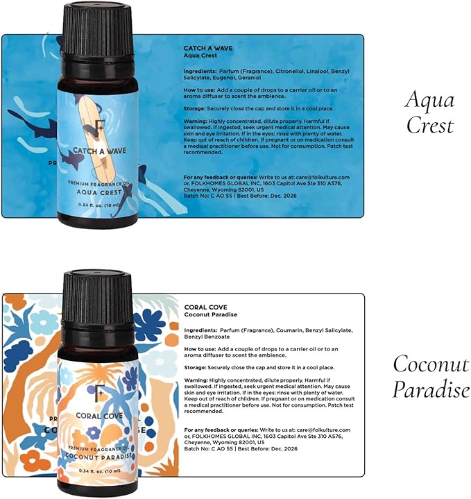 Folkulture Beach Please Essential Oils Set of 6 | Fresh & Tropical Home Fragrance Oils for Diffusers | Premium Aromatherapy Gift Set for Relaxation, Mood & Daily Wellness | Coconut, Grapefruit