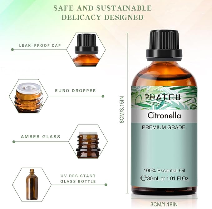 Citronella Essential Oil 1.01fl.oz/30ml, PHATOIL Premium Citronella Oils Long Lasting Scents for Aromatherapy, Diffuser, DIY Soap and Candle Making