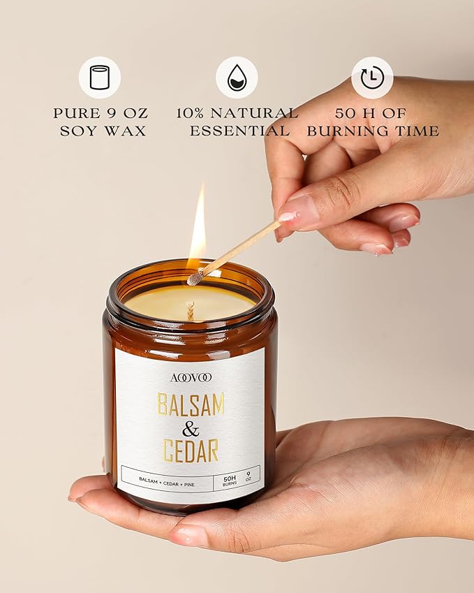 AOOVOO Balsam Cedar Candle - Large Pine Scented Soy Wax Aromatherapy Candle, 9 oz