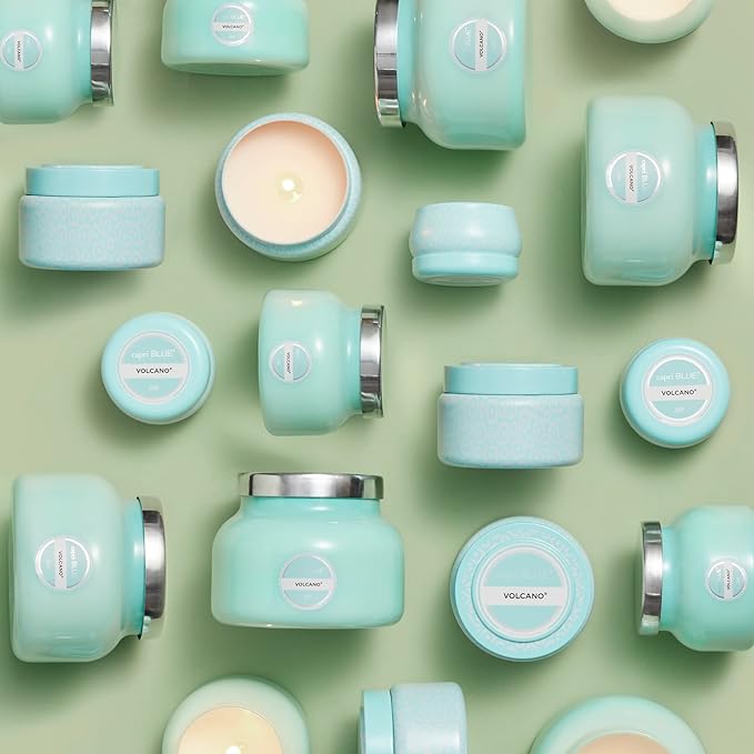 Capri Blue Volcano Printed Travel Tin Jar Candle - Luxury Candle with a Long Lasting Soy Wax Blend - Scented with Tropical & Fruity Fragrance (Aqua Color, 8.5 oz)