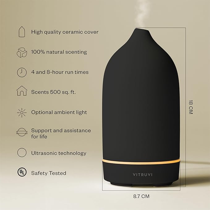 Vitruvi Stone Diffuser, Ceramic Ultrasonic Essential Oil Diffuser for Aromatherapy | Ceramic Diffuser, Diffusers for Home, Oil Diffuser, Room Decor | Black, 90ml Capacity
