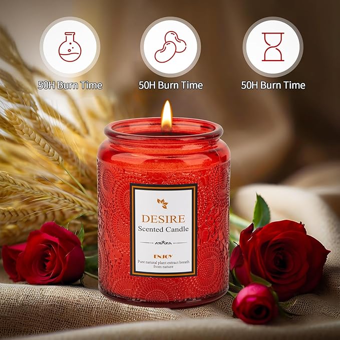 Sweet Rose Aromatherapy Candle - 50-Hour Burn Time | 7.5oz Soy Wax Candles | Long-Lasting | Stress Relief | Fresh Home Fragrance | Gift for Women (Red Glass Bottle)