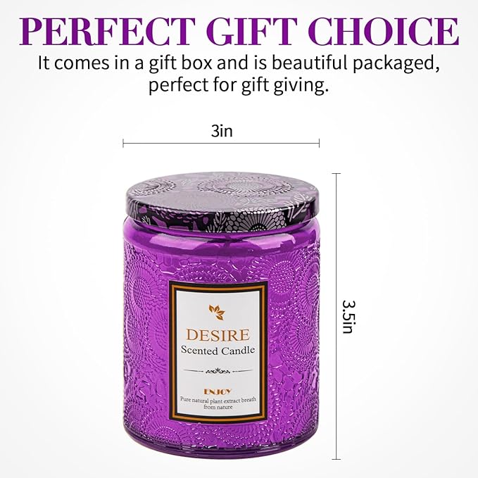Aroma Lavender Jar Candle - 100% Natural Soy Wax - 50-Hour Burn Time | 7.5oz Soy Wax Candles | Long-Lasting | Stress Relief | Fresh Home Fragrance | Gift Set for Women (Purple Glass Bottle)