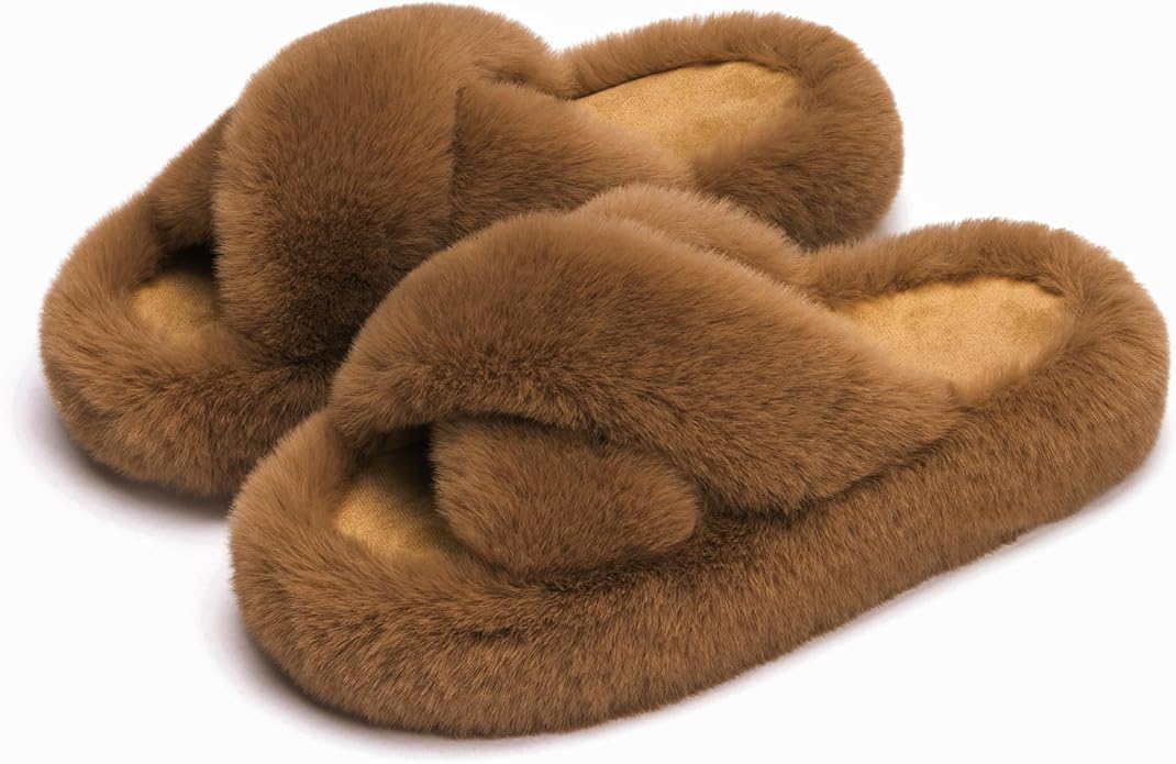 Chantomoo Women's Blue Memory Foam Faux Fur Lined Open Toe Slippers for Women - US 12